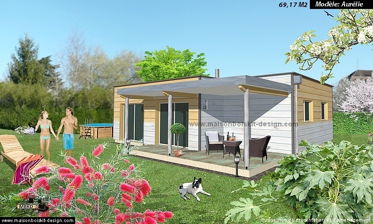 maison individuelle bois moderne toit plat 3 chambres 70m2 pas chère