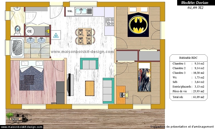 plan kit maison bois 3 chambres 60M2