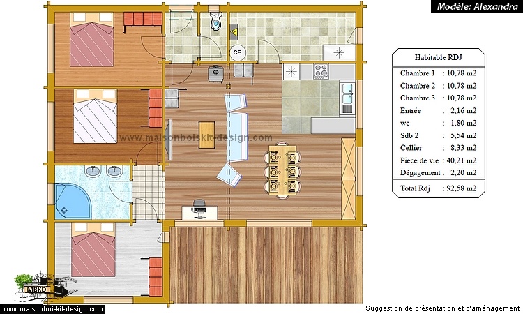 plan maison bois kit plain pied 3 chambres terrasse