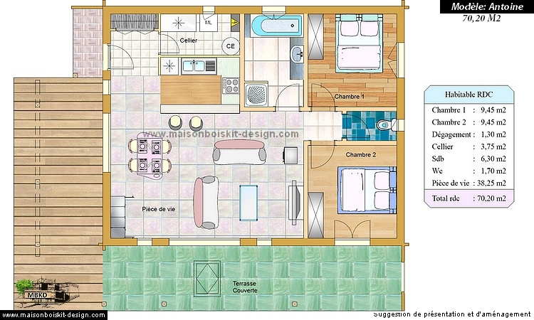 plan petite maison bois moderne 2 chambres 70M2